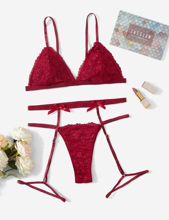 heglam Maroon Floral Lace Bra Set with Garters – Women’s Sexy Lingerie with Belt